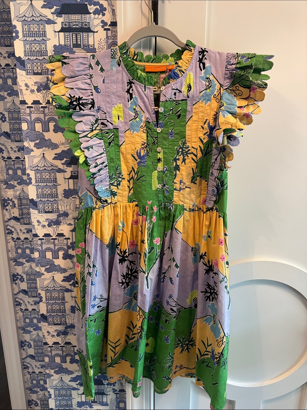 Oliphant Floral Mini Dress in Green, Yellow & Lavender
